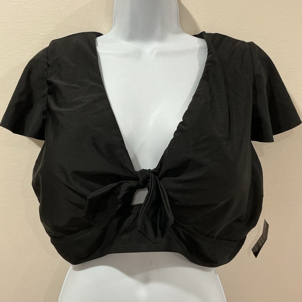 Torrid Swim Crop Top Women Size 2X Black Flutter Sleeve Retro Goth Pin Up Beach